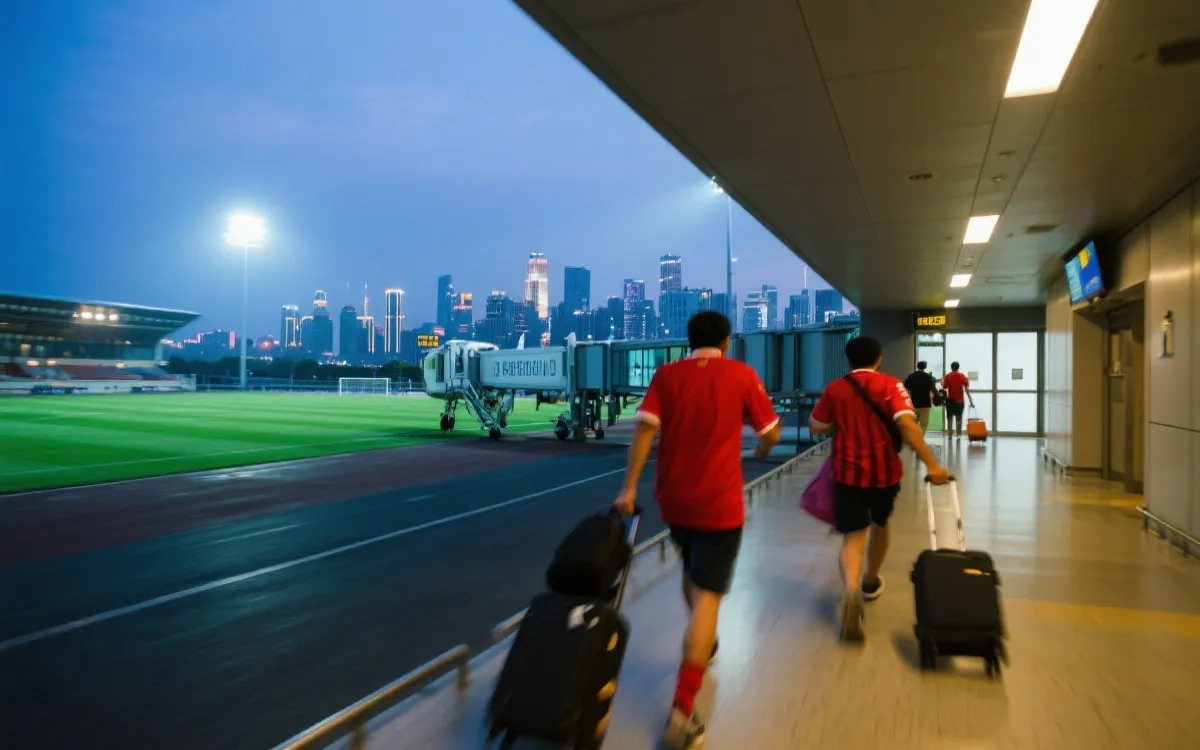 球迷在机场与城市之间奔波的纪实风格画面，体现多次往返签证串联观赛