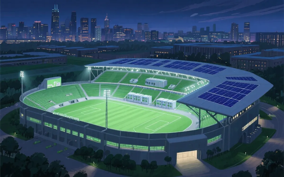 清洁能源球场概念图：屋顶光伏、储能与夜间灯光，绿色低碳氛围
