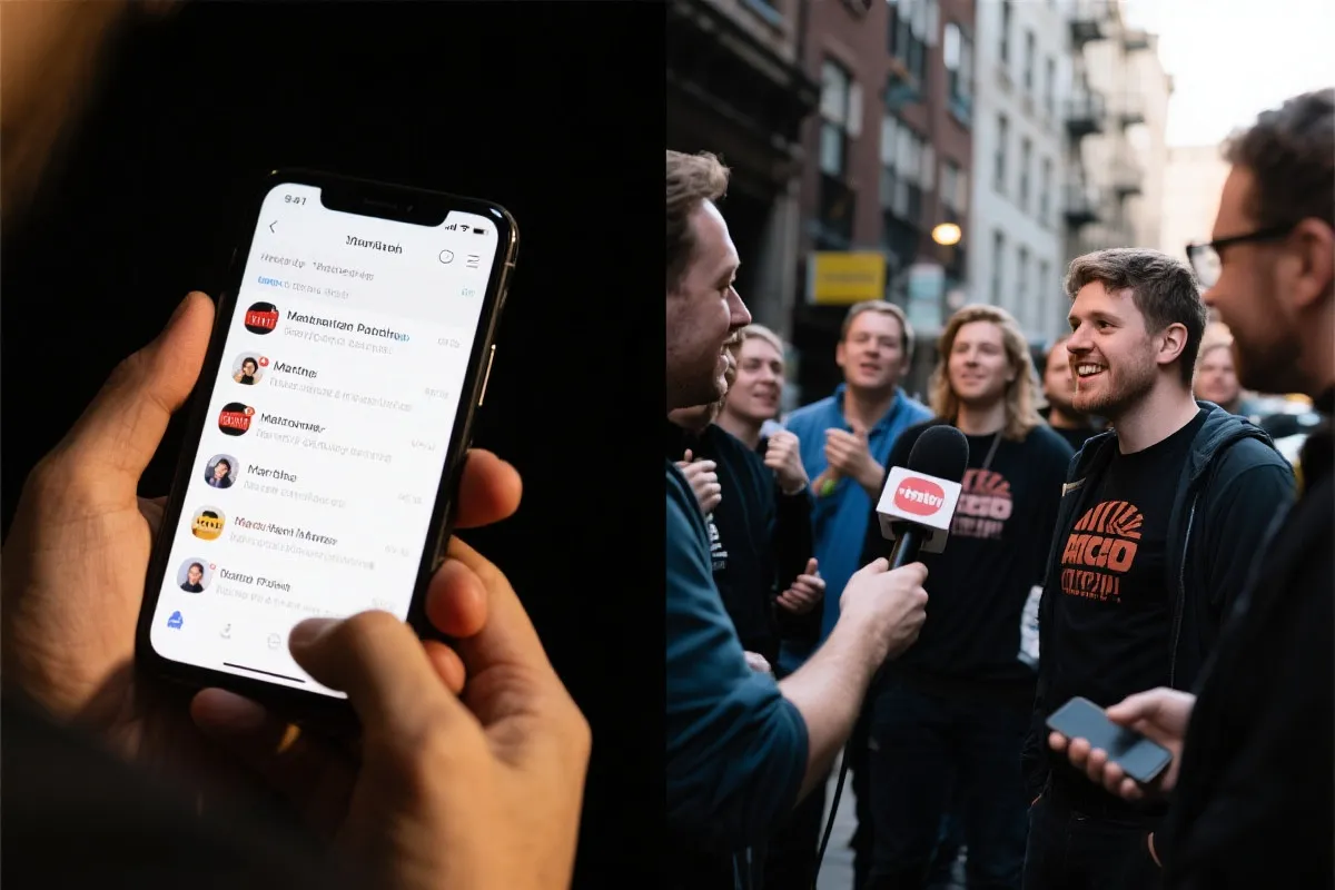手机屏幕上滚动的世界杯决赛讨论与街头采访的交错画面，纪实摄影风格